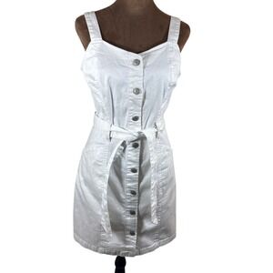SO White Cottage Coastal Belted Sleeveless Button Front Cotton Spandex Stretch L